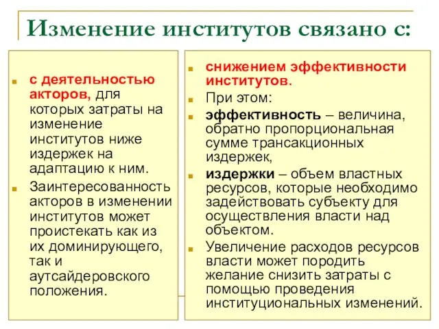 Изменение институтов связано с: снижением эффективности институтов. При этом: эффективность