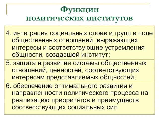 Функции политических институтов 4. интеграция социальных слоев и групп в