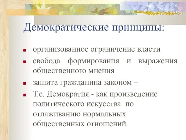 Демократические принципы: организованное ограничение власти свобода формирования и выражения общественного