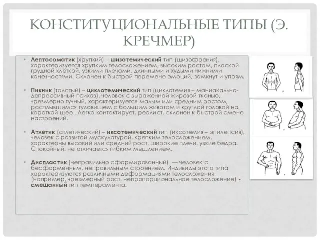 КОНСТИТУЦИОНАЛЬНЫЕ ТИПЫ (Э.КРЕЧМЕР) Лептосоматик (хрупкий) – шизотемический тип (шизофрения), характеризуется