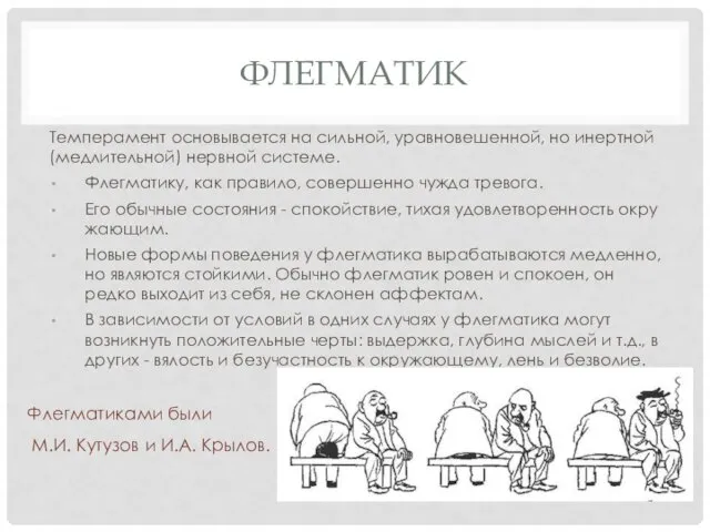 ФЛЕГМАТИК Темперамент основывается на сильной, уравновешенной, но инертной (медлительной) нервной