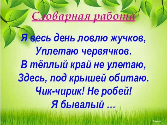 Словарная работа Я весь день ловлю жучков, Уплетаю червячков. В