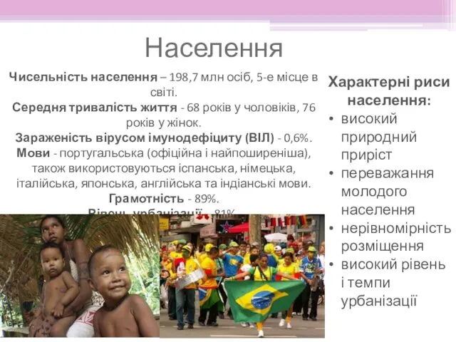 Чисельність населення – 198,7 млн осіб, 5-е місце в світі.