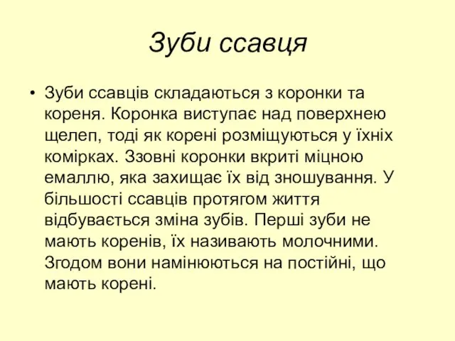 Зуби ссавця Зуби ссавців складаються з коронки та кореня. Коронка