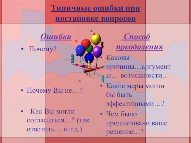 Типичные ошибки при постановке вопросов Ошибки Почему? Почему Вы не…?