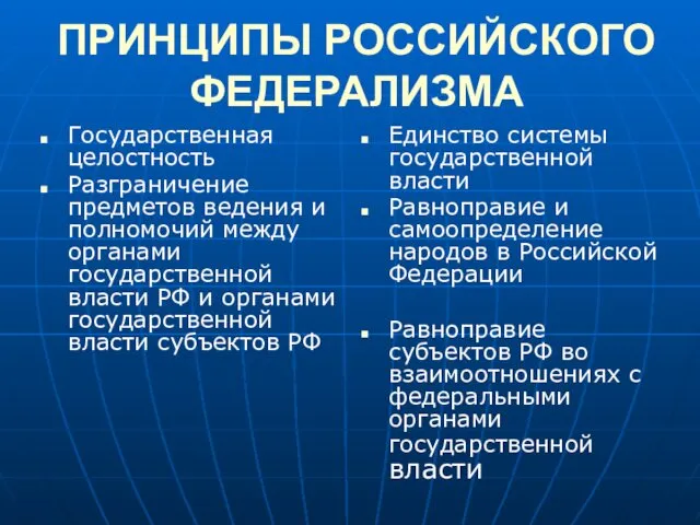 ПРИНЦИПЫ РОССИЙСКОГО ФЕДЕРАЛИЗМА Государственная целостность Разграничение предметов ведения и полномочий