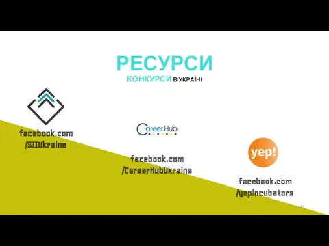 РЕСУРСИ КОНКУРСИ В УКРАЇНІ facebook.com /SIIUkraine facebook.com /CareerHubUkraine facebook.com /yepincubators