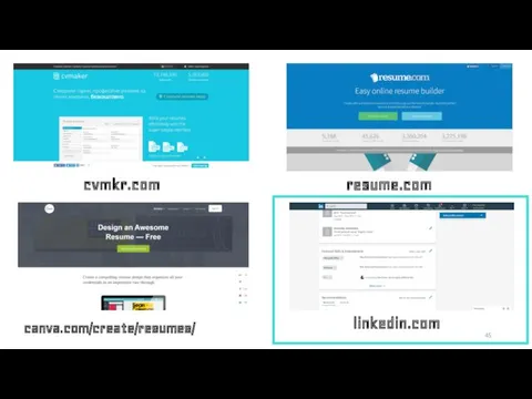 cvmkr.com canva.com/create/resumes/ resume.com linkedin.com