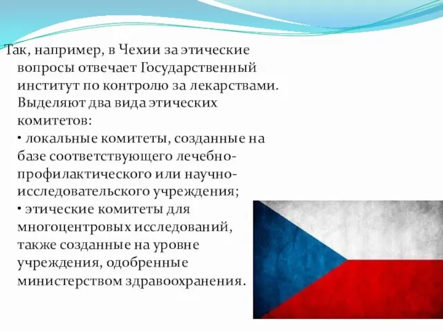 Так, например, в Чехии за этические вопросы отвечает Государственный институт