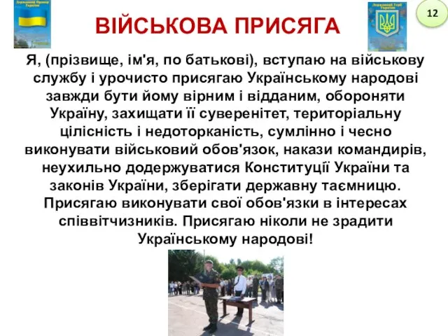 ВІЙСЬКОВА ПРИСЯГА Я, (прізвище, ім'я, по батькові), вступаю на військову