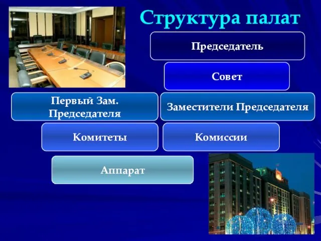 Структура палат Комитеты Комиссии Аппарат Председатель Заместители Председателя Первый Зам. Председателя Совет