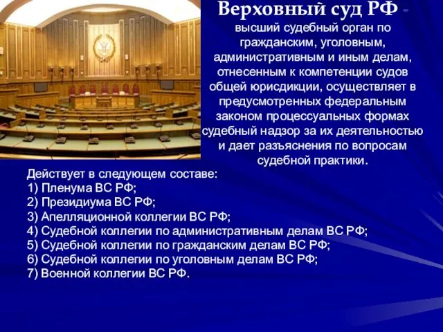 Верховный суд РФ - высший судебный орган по гражданским, уголовным,