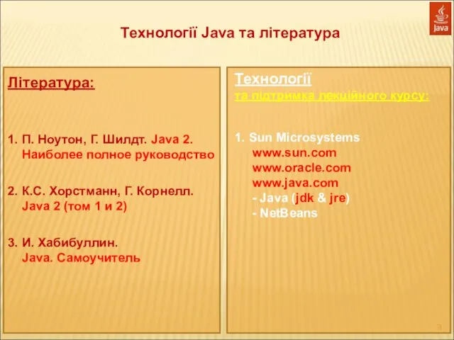 Технології Java та література Література: 1. П. Ноутон, Г. Шилдт. Java 2. Наиболее