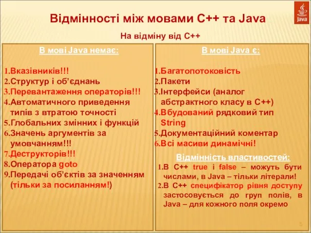 Відмінності між мовами С++ та Java На відміну від С++