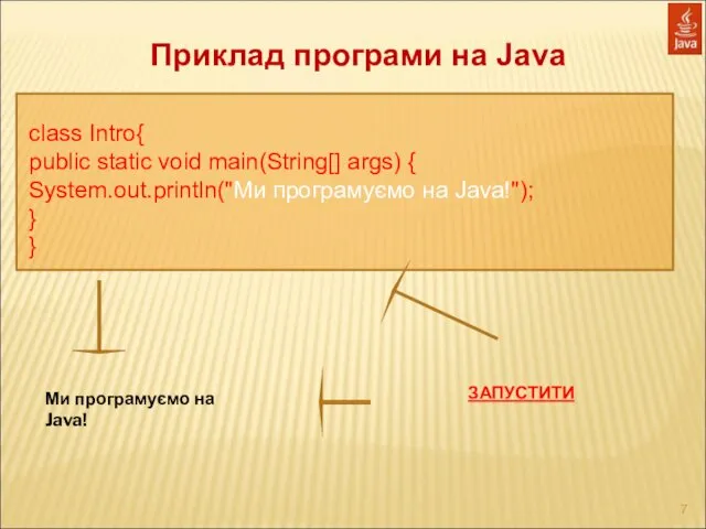 Приклад програми на Java class Intro{ public static void main(String[] args) { System.out.println("Ми