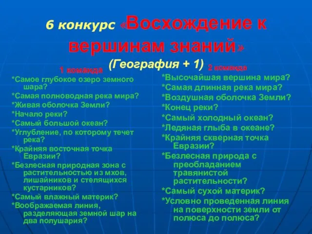 6 конкурс «Восхождение к вершинам знаний» (География + 1) 1