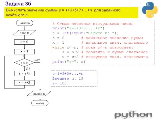 Задача 3б Вычислить значение суммы s = 1+3+5+7+…+n для заданного нечётного n. #