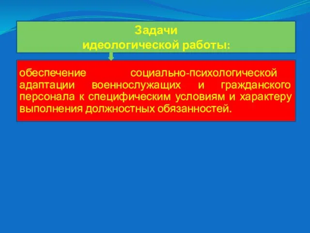 Задачи идеологической работы: обеспечение социально-психологической адаптации военнослужащих и гражданского персонала