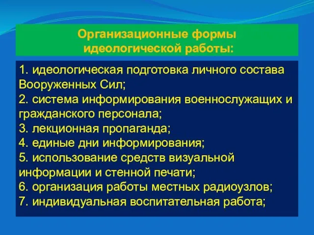 Организационные формы идеологической работы: 1. идеологическая подготовка личного состава Вооруженных