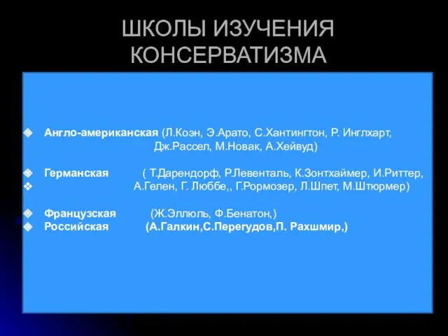 ШКОЛЫ ИЗУЧЕНИЯ КОНСЕРВАТИЗМА Англо-американская (Л.Коэн, Э.Арато, С.Хантингтон, Р. Инглхарт, Дж.Рассел,