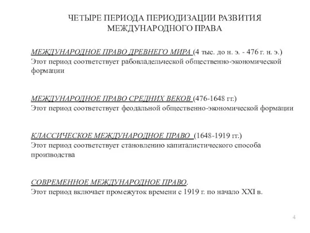 ЧЕТЫРЕ ПЕРИОДА ПЕРИОДИЗАЦИИ РАЗВИТИЯ МЕЖДУНАРОДНОГО ПРАВА МЕЖДУНАРОДНОЕ ПРАВО ДРЕВНЕГО МИРА