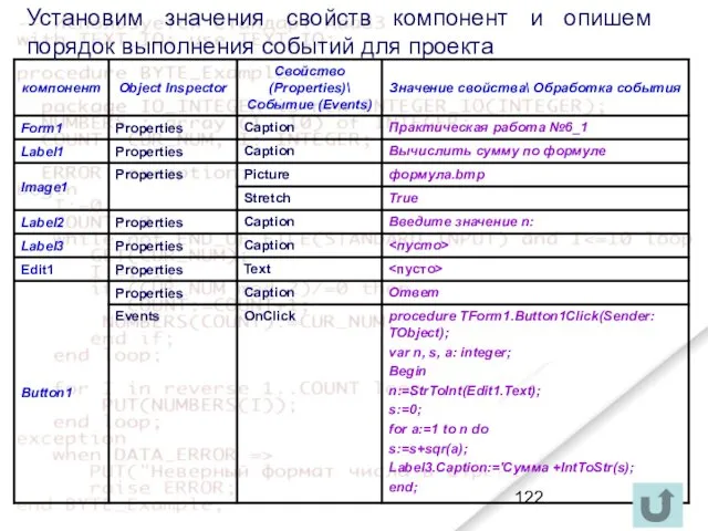 Установим значения свойств компонент и опишем порядок выполнения событий для проекта