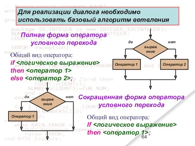 Общий вид оператора: if then else ; Полная форма оператора