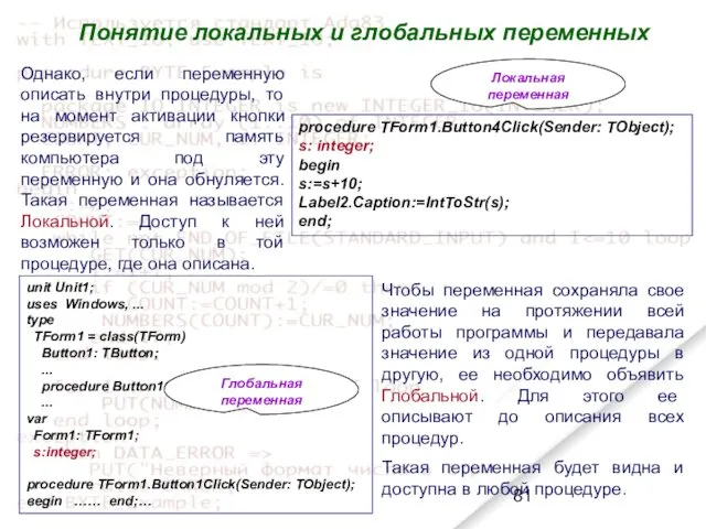 Однако, если переменную описать внутри процедуры, то на момент активации