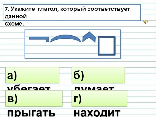 7. Укажите глагол, который соответствует данной схеме. а) убегает б) думает в) прыгать г) находит