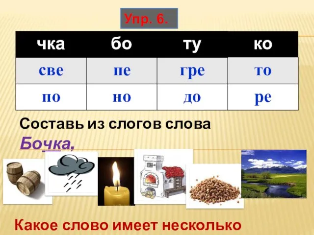 Составь из слогов слова Бочка, Какое слово имеет несколько значений? Упр. 6.