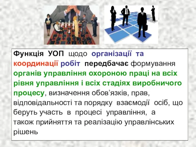 Функція УОП щодо організації та координації робіт передбачає формування органів