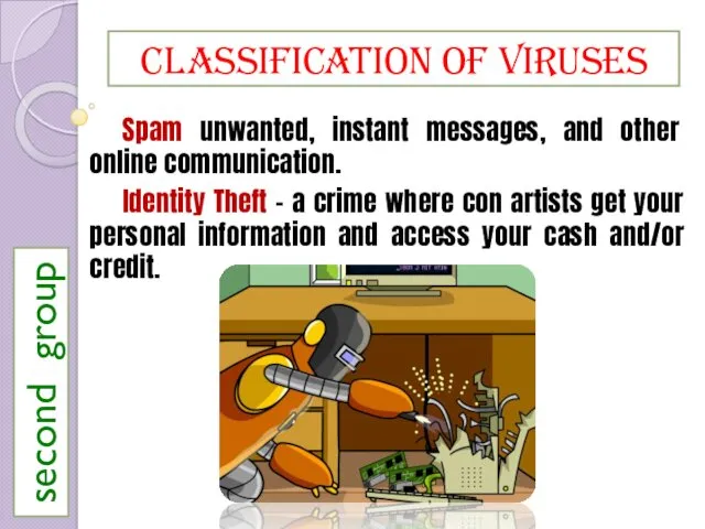 Classification of viruses Spam unwanted, instant messages, and other online communication. Identity Theft