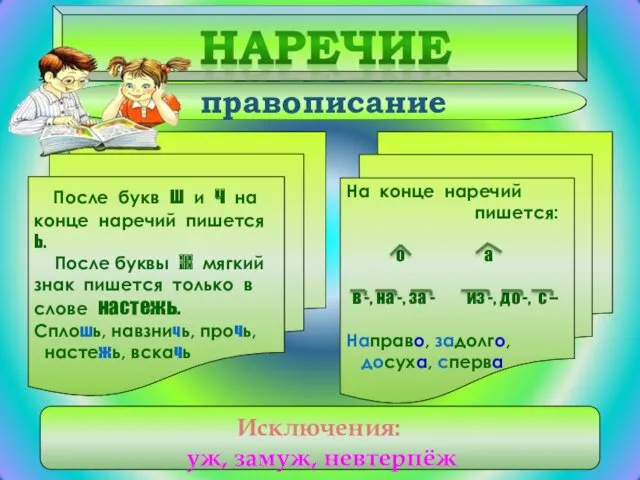 правописание После букв Ш и Ч на конце наречий пишется