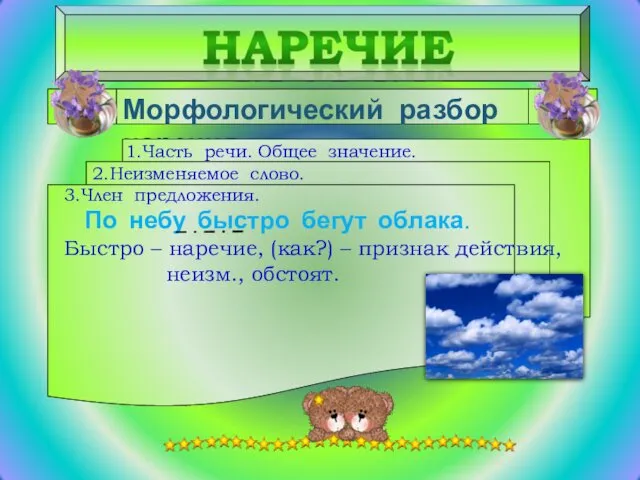 Морфологический разбор наречия 1.Часть речи. Общее значение. 2.Неизменяемое слово. 3.Член