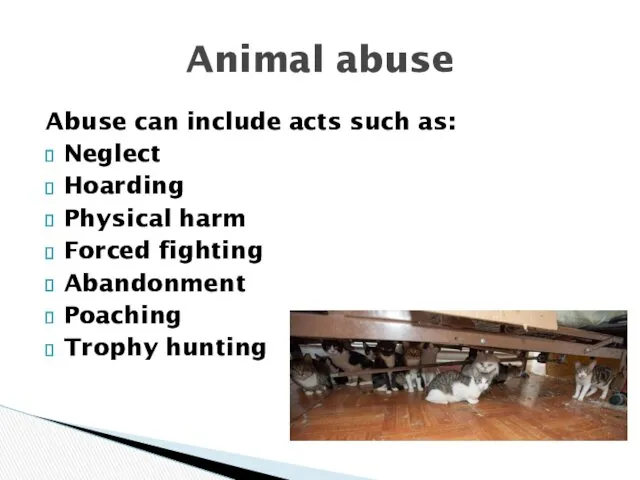 Abuse can include acts such as: Neglect Hoarding Physical harm