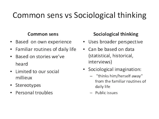 Common sens vs Sociological thinking Common sens Based on own