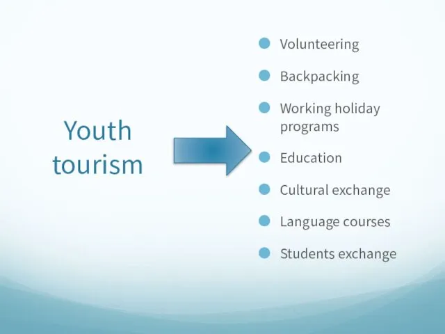 Youth tourism Volunteering Backpacking Working holiday programs Education Cultural exchange Language courses Students exchange