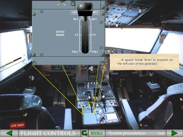 A speed brake lever is located on the left side of the pedestal. MENU