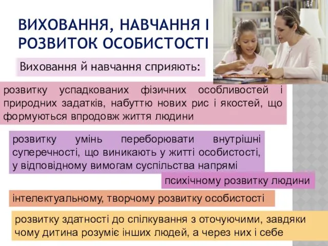 ВИХОВАННЯ, НАВЧАННЯ І РОЗВИТОК ОСОБИСТОСТІ Виховання й навчання сприяють: розвитку