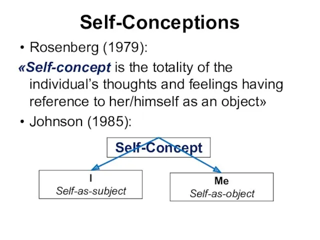 Self-Conceptions Rosenberg (1979): «Self-concept is the totality of the individual’s