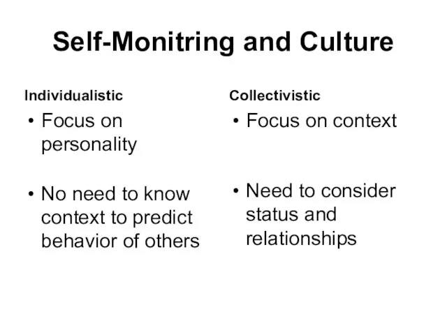 Self-Monitring and Culture Individualistic Focus on personality No need to