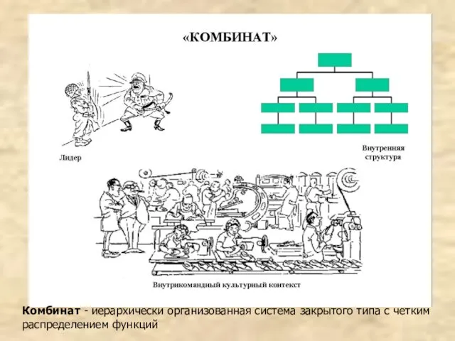 Комбинат - иерархически организованная система закрытого типа с четким распределением функций