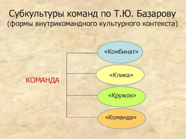 Субкультуры команд по Т.Ю. Базарову (формы внутрикомандного культурного контекста) «Комбинат» «Клика» «Команда» «Кружок» КОМАНДА