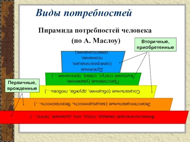 Пирамида потребностей человека (по А. Маслоу) Виды потребностей Первичные, врожденные Вторичные, приобретенные