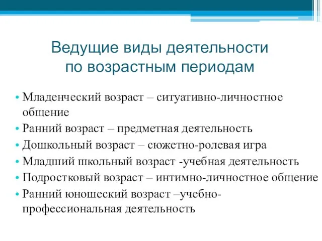 Младенческий возраст – ситуативно-личностное общение Ранний возраст – предметная деятельность