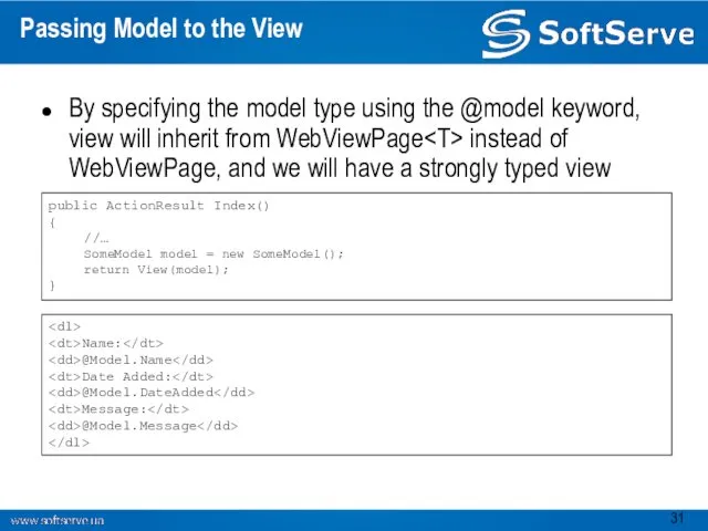 Passing Model to the View By specifying the model type