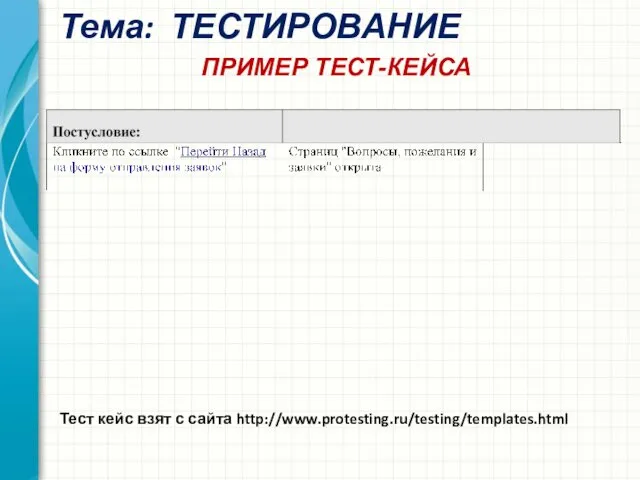 Тема: ТЕСТИРОВАНИЕ ПРИМЕР ТЕСТ-КЕЙСА Тест кейс взят с сайта http://www.protesting.ru/testing/templates.html