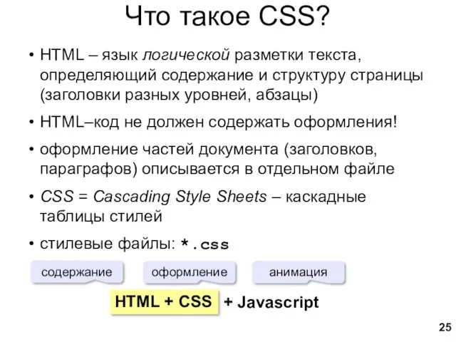 Что такое CSS? HTML – язык логической разметки текста, определяющий