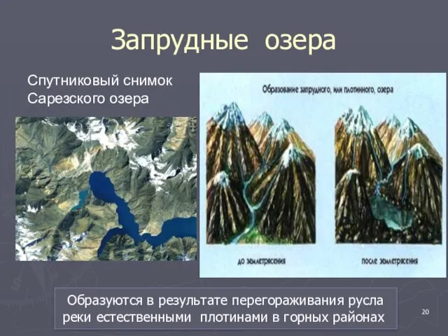 Образуются в результате перегораживания русла реки естественными плотинами в горных