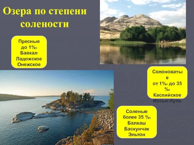 Озера по степени солености Пресные до 1%0 Байкал Ладожское Онежское